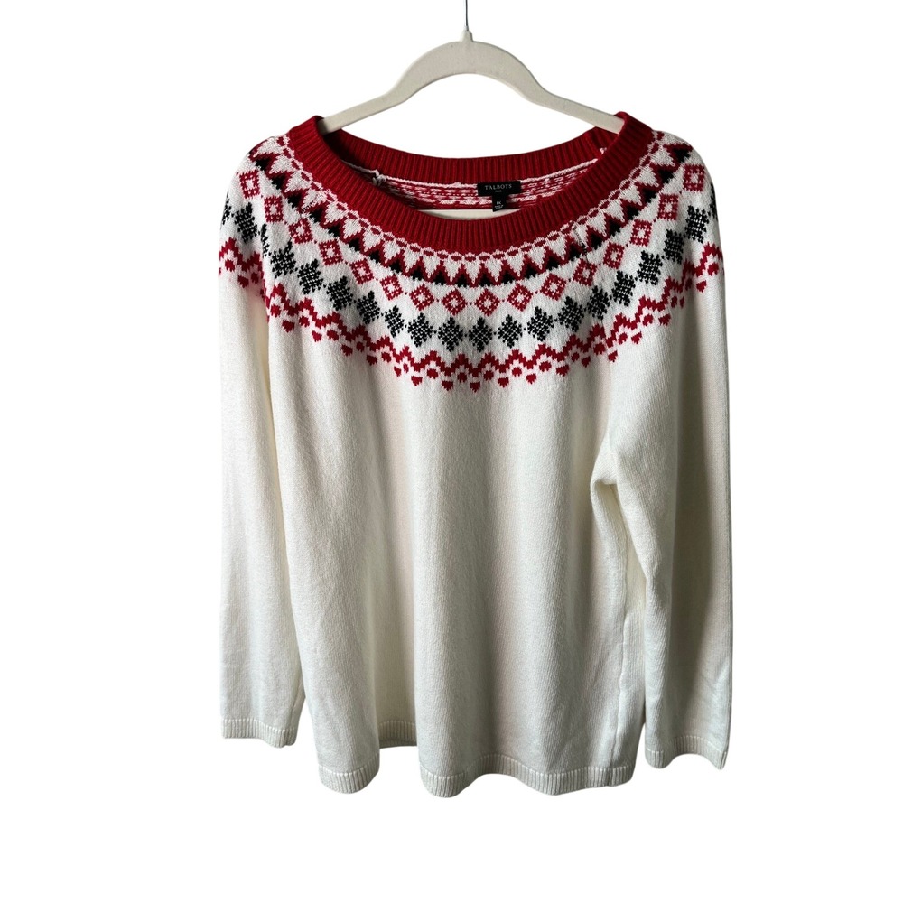 Talbots Plus Womens 1X Fair Isle Sweater Ivory Red Black Cotton Blend Pullover